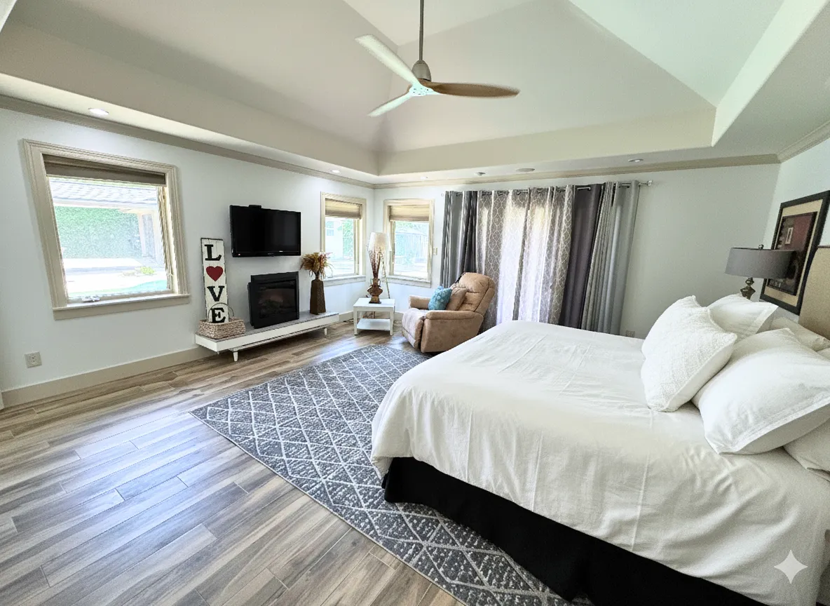 Casa Blanca primary bedroom, furnished house in Texas Medical Center / Meyerland, Houston — luxury furnished housing in Houston